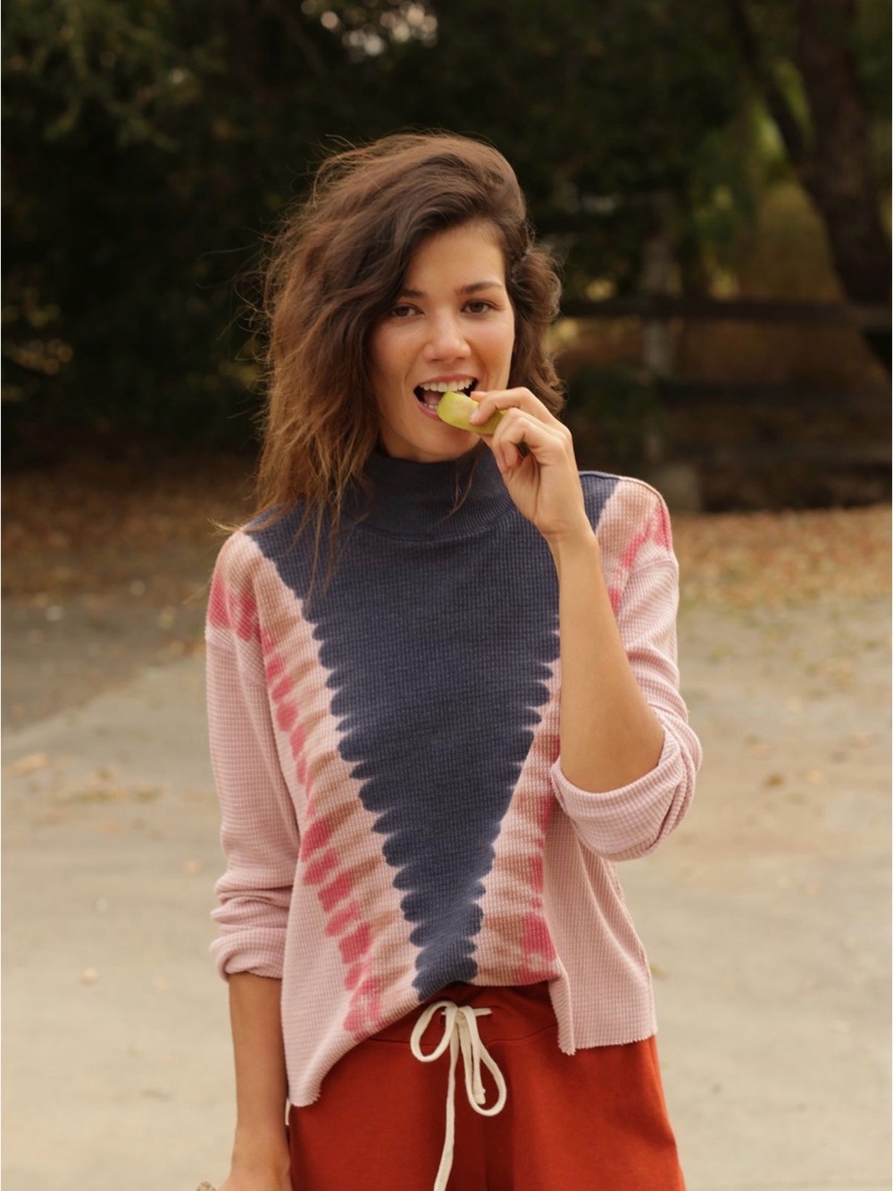 Anthropologie T.La Pink & Navy Tie-Dye Waffle mock neck top